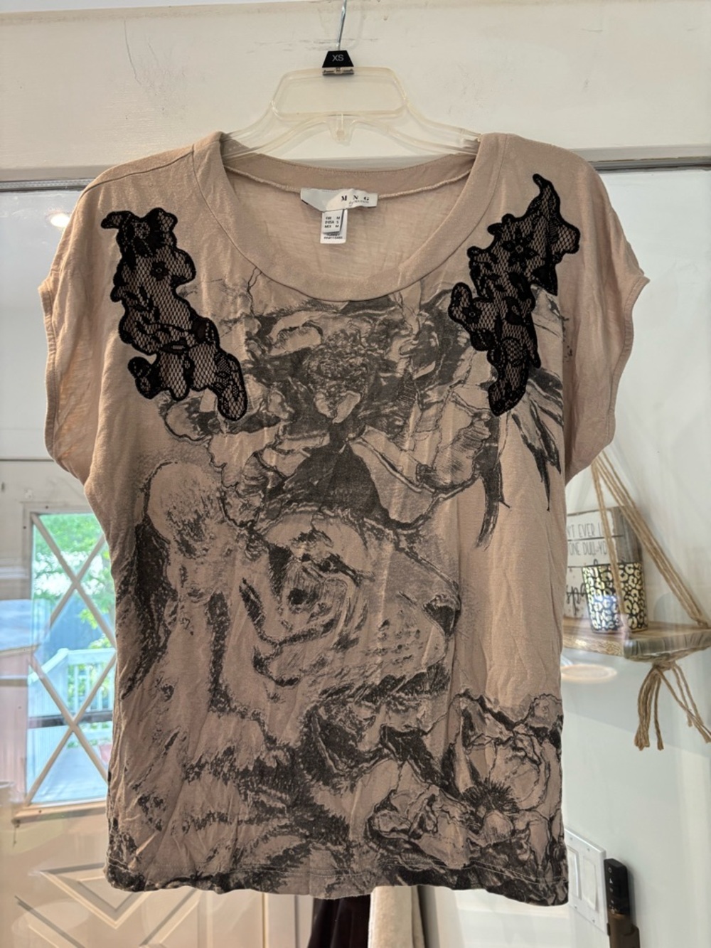 MNG by Mango Beige Short Sleeve Tee with Black Lace Accents